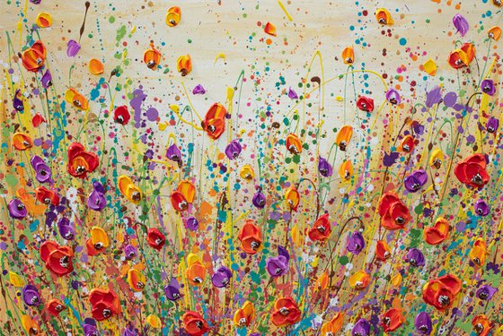 Sunset meadow - impasto poppy field painting