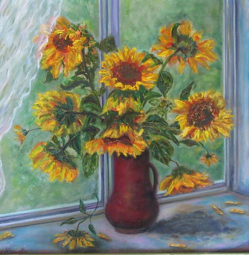 Sunflowers Floral Arrangement Impressionistic Gift Home Bedroom Decor Blue Traditional Women Window Modern Wall Art (19.7x19.7 in.) by Katia Ricci