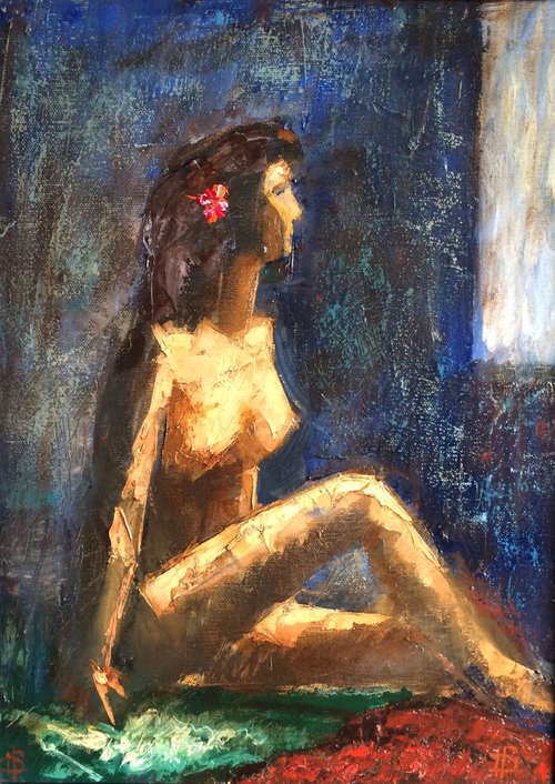 Nude Model with China Rose by Jemal Gugunava