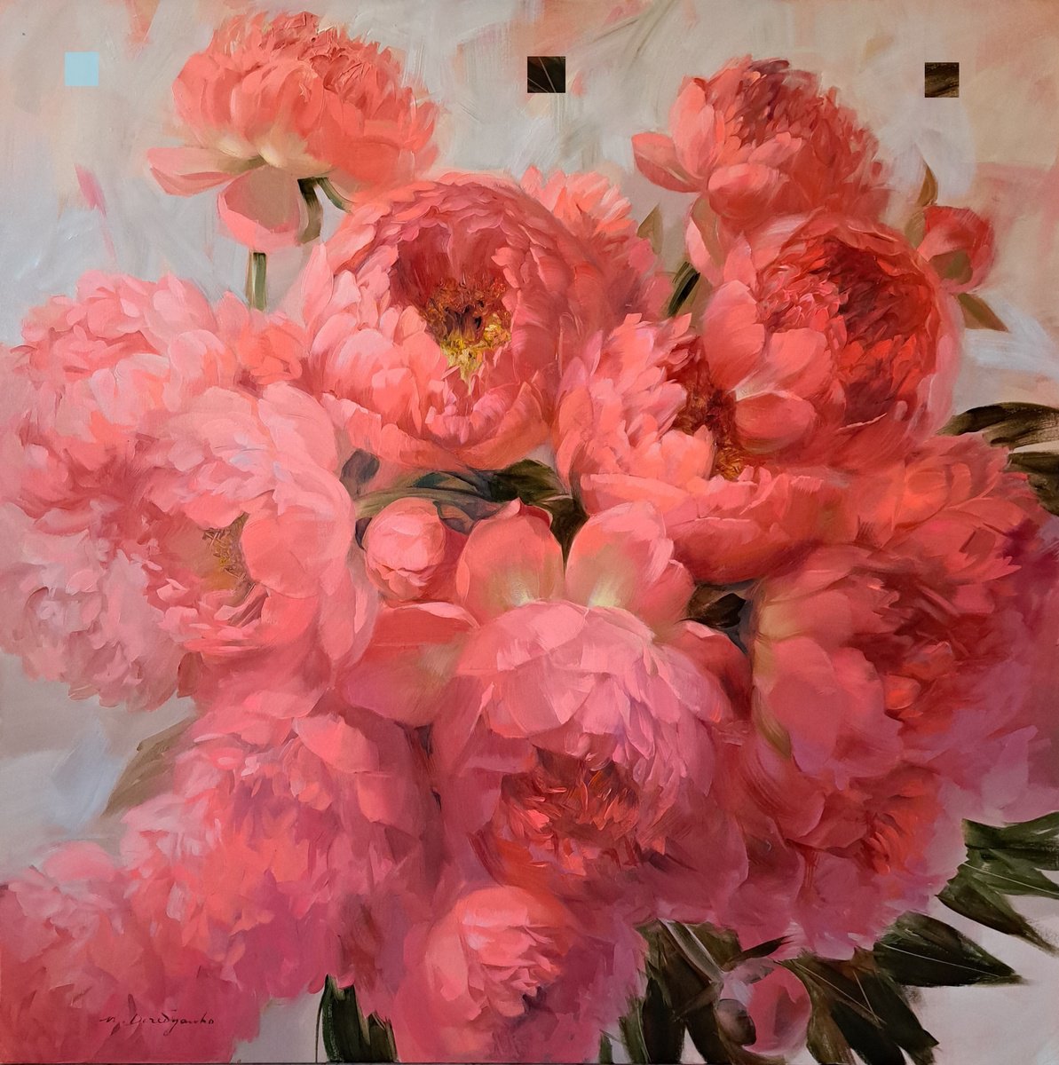 Impressionistic Botanical Oil Painting By Nataly Derevyanko, 35 X 35", Coral Peony, Original Artwork