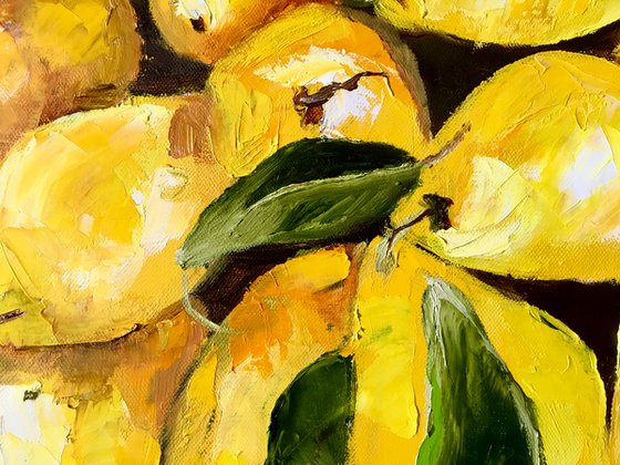 Lemons, oil painting, still life. Palette knife painting on canvas. Size 112x56 cm.