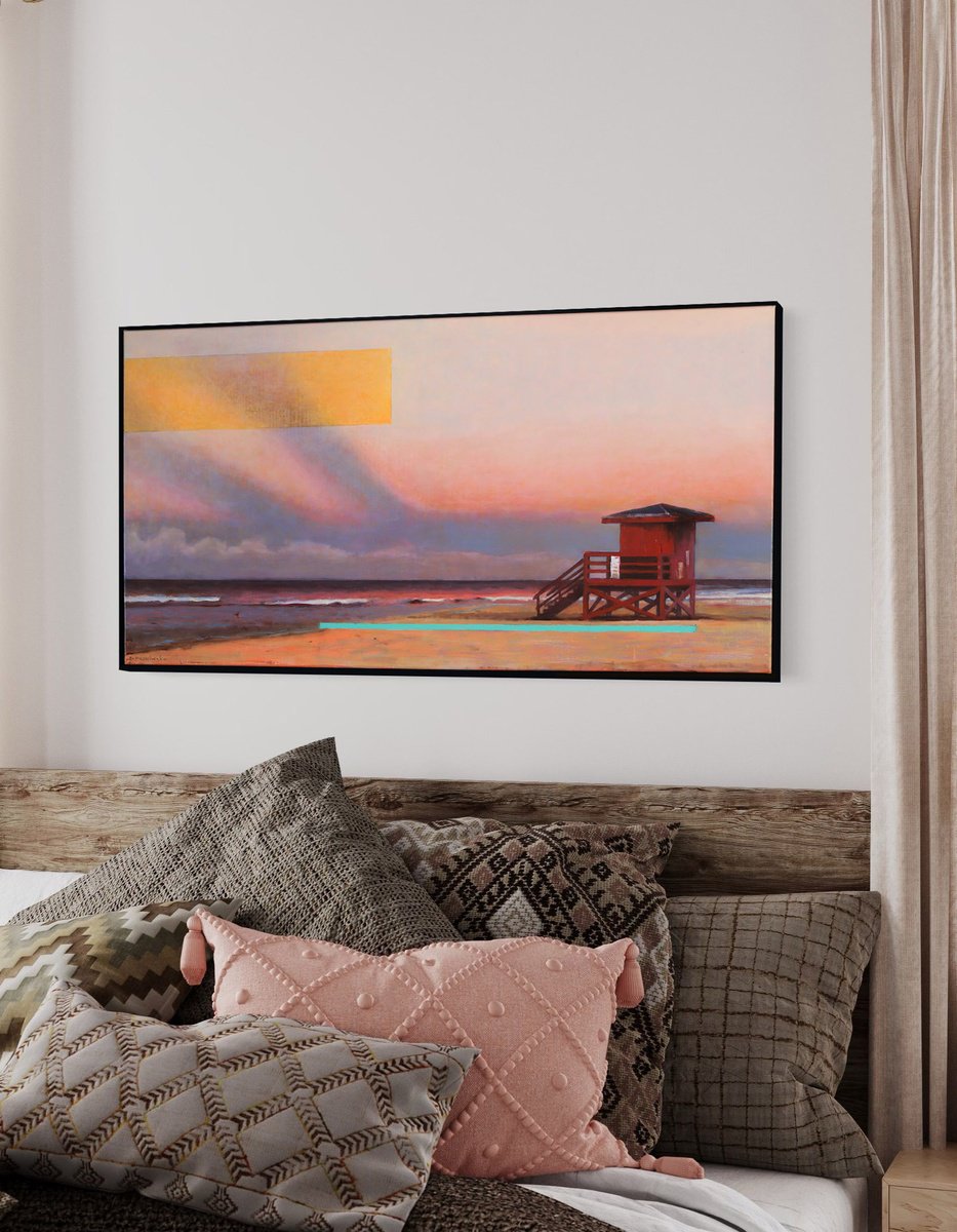 Impressionistic Landscape Oil Painting By Bo Kravchenko, 49 X 25, Unusual Sunset In Sarasota, Original Artwork