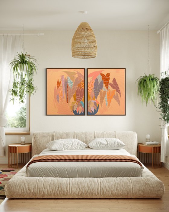 ‘Burnt Coral Alocasia and Begonia’ diptych