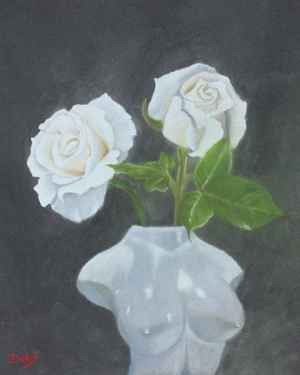 Impressionistic Botanical Pencil Drawing By Debbie Young, 10 X 12, White Bust With Roses, Original Artwork