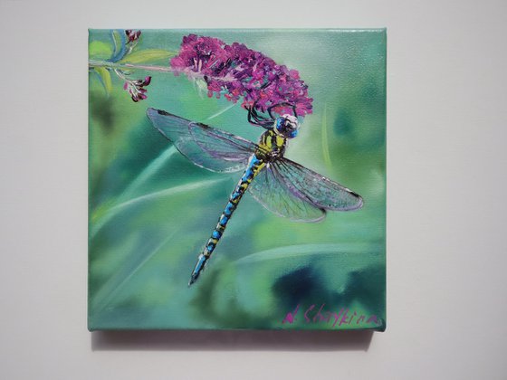 Blue Dragonfly on Pink Flower