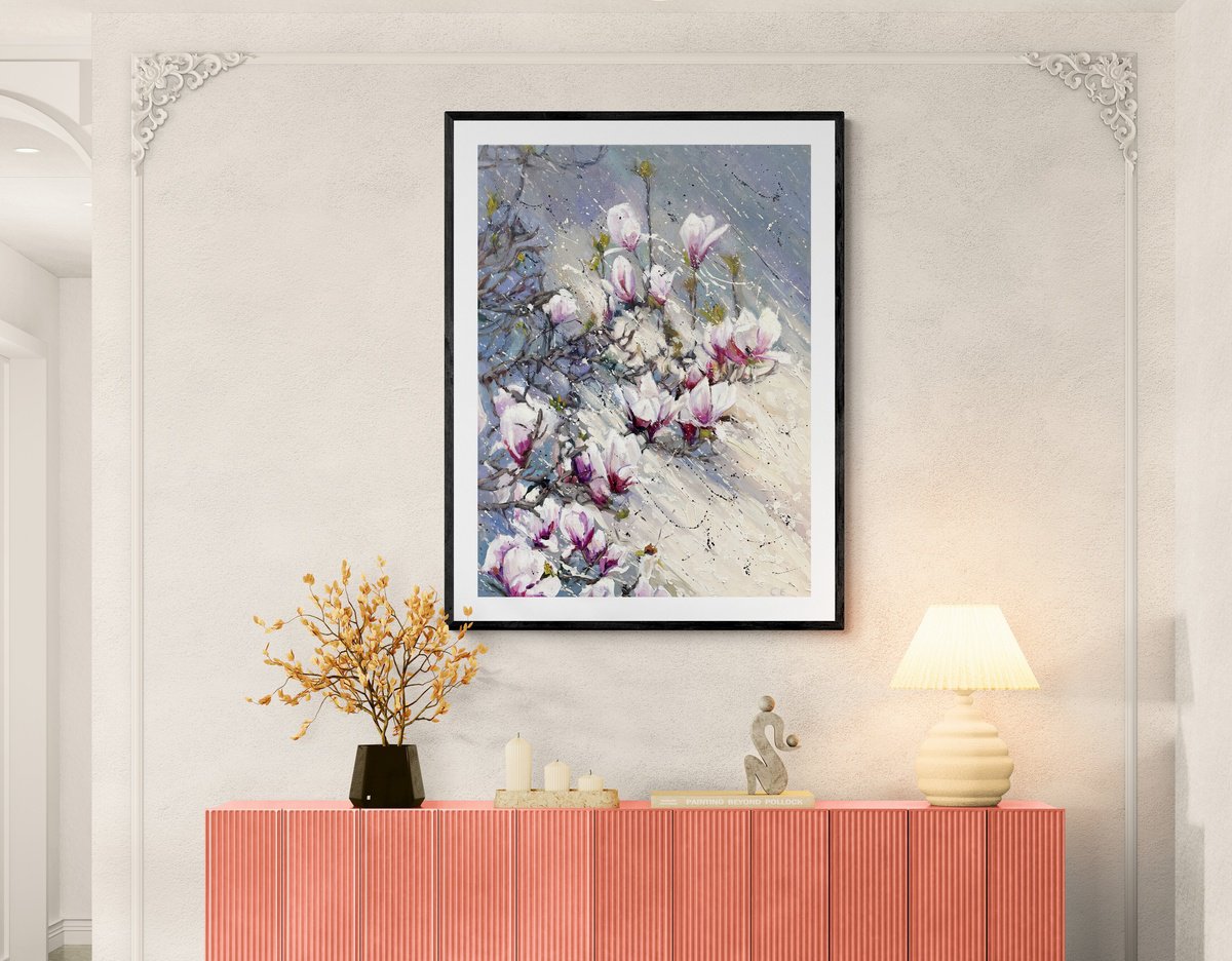 Impressionistic Botanical Oil Painting By Evgeny Chernyakovsky, 27 X 35, Magnolia Branch, Original Artwork