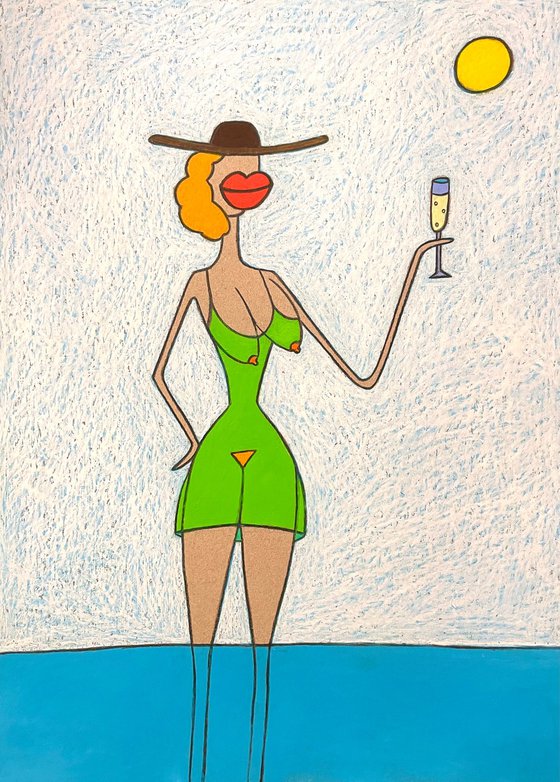 Lady in the sea with champagne