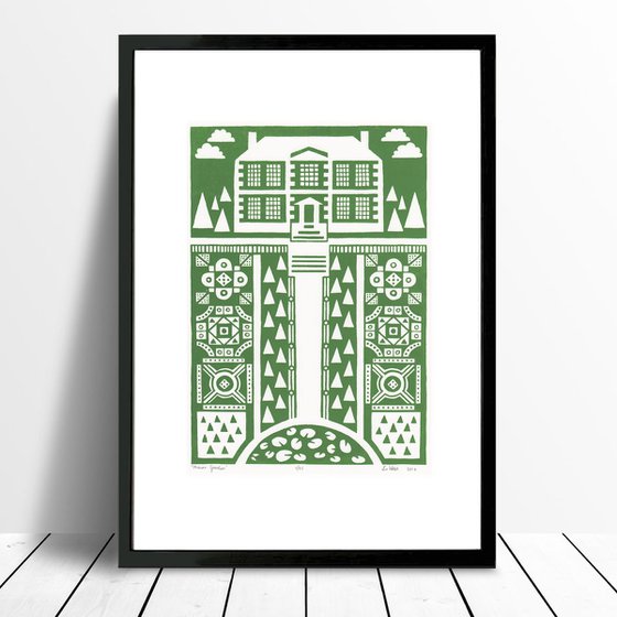 Manor Garden Screen Print A3 size in Heritage Green - Unframed - FREE Worldwide Delivery