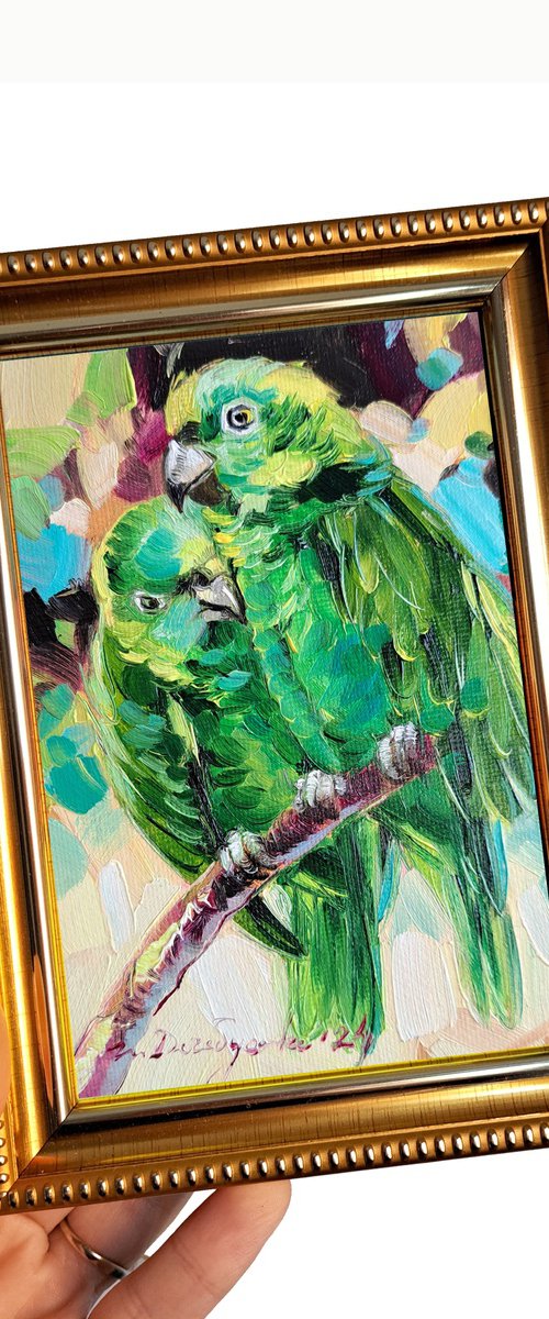 Two parrots painting by Nataly Derevyanko
