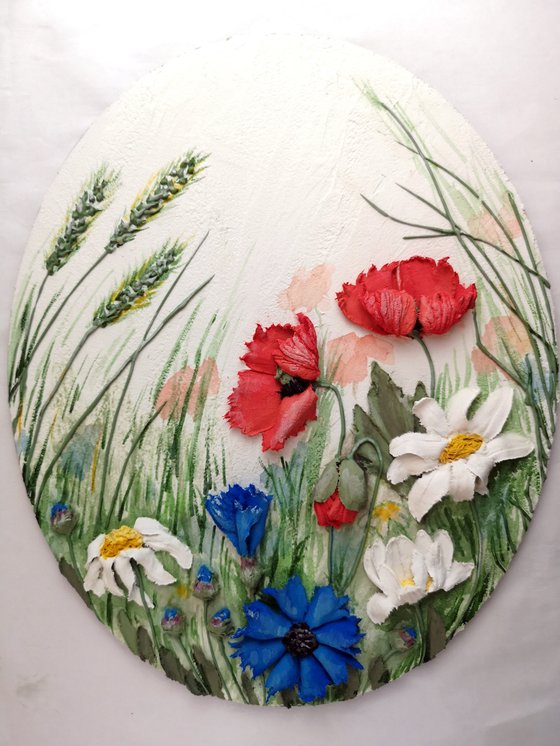 Summer meadow, daisies, poppies, cornflowers - 3d landscape on an oval panel, 26x32x3 cm