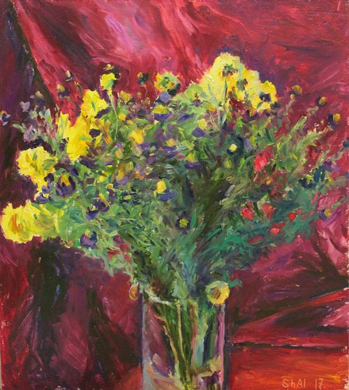 Bouquet against the background of red curtains. Oil on MDF. 37.5 x 42 cm by Alexander Shvyrkov