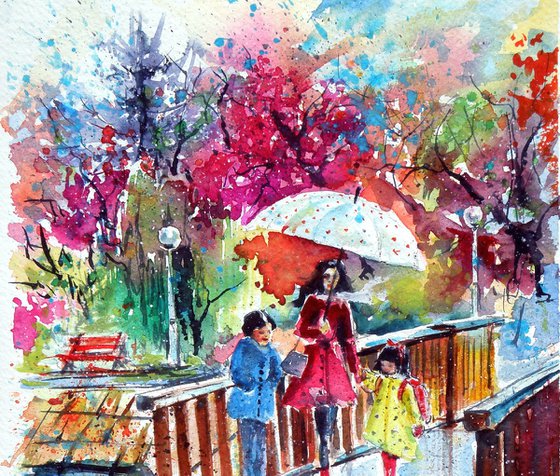 Walk to school on rainy day