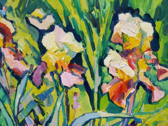 Irises and orange lilies