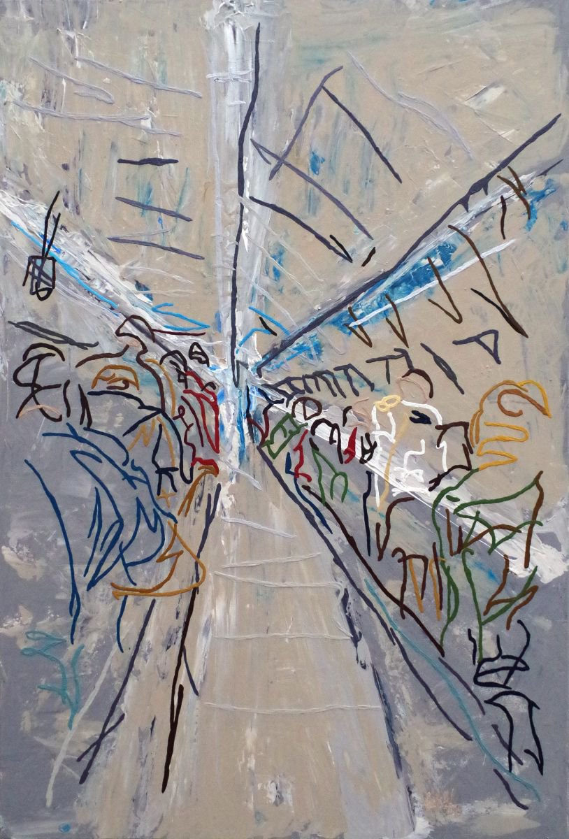 Expressive Portrait Acrylic Painting By Uli Lachelt, 36 X 53", Long Way Up. Metro Budapest, Original Artwork