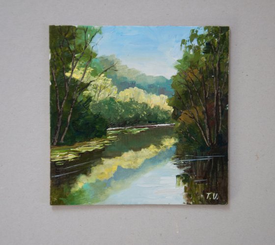 River landscape. Oil painting. 6 x 6in.