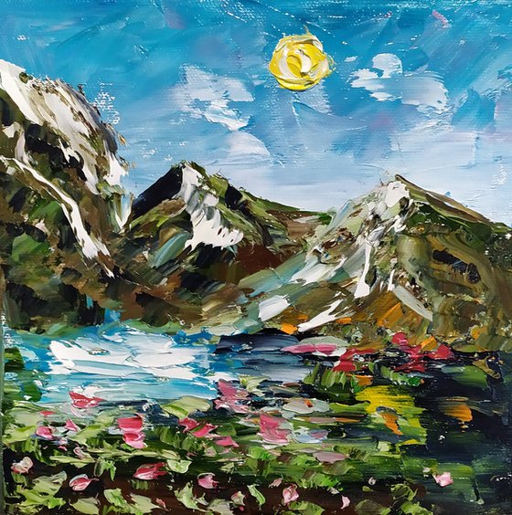 Sunny day in mountains, original small landscape oil painting, bedroom art