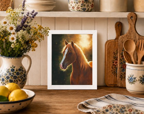 Brown horse portrait at sunset