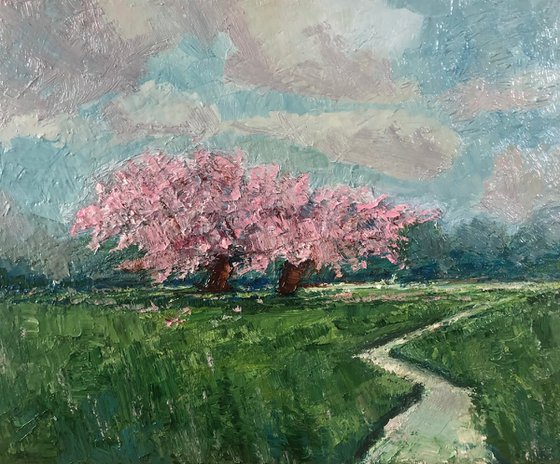 Blossoming by the creek, landscape oil