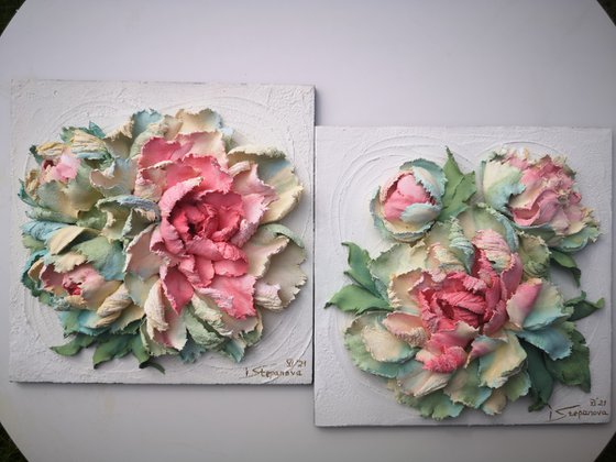 Peonies garden - 3d relief painting -Love is beautiful flowers - 2, 20x20x4 cm