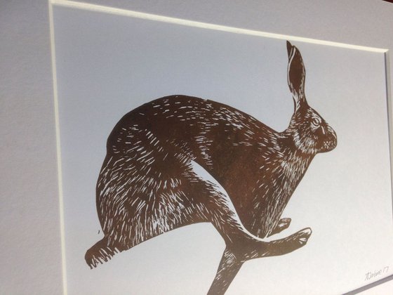 Running Hare Linocut, Printed in Brown, Mounted