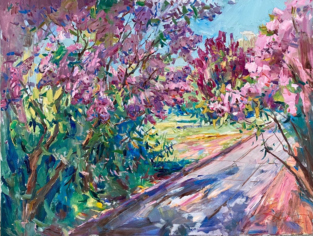 Impressionistic Botanical Oil Painting By Oleksii Chebotaru, 41 X 32", Lilac Garden, Original Artwork