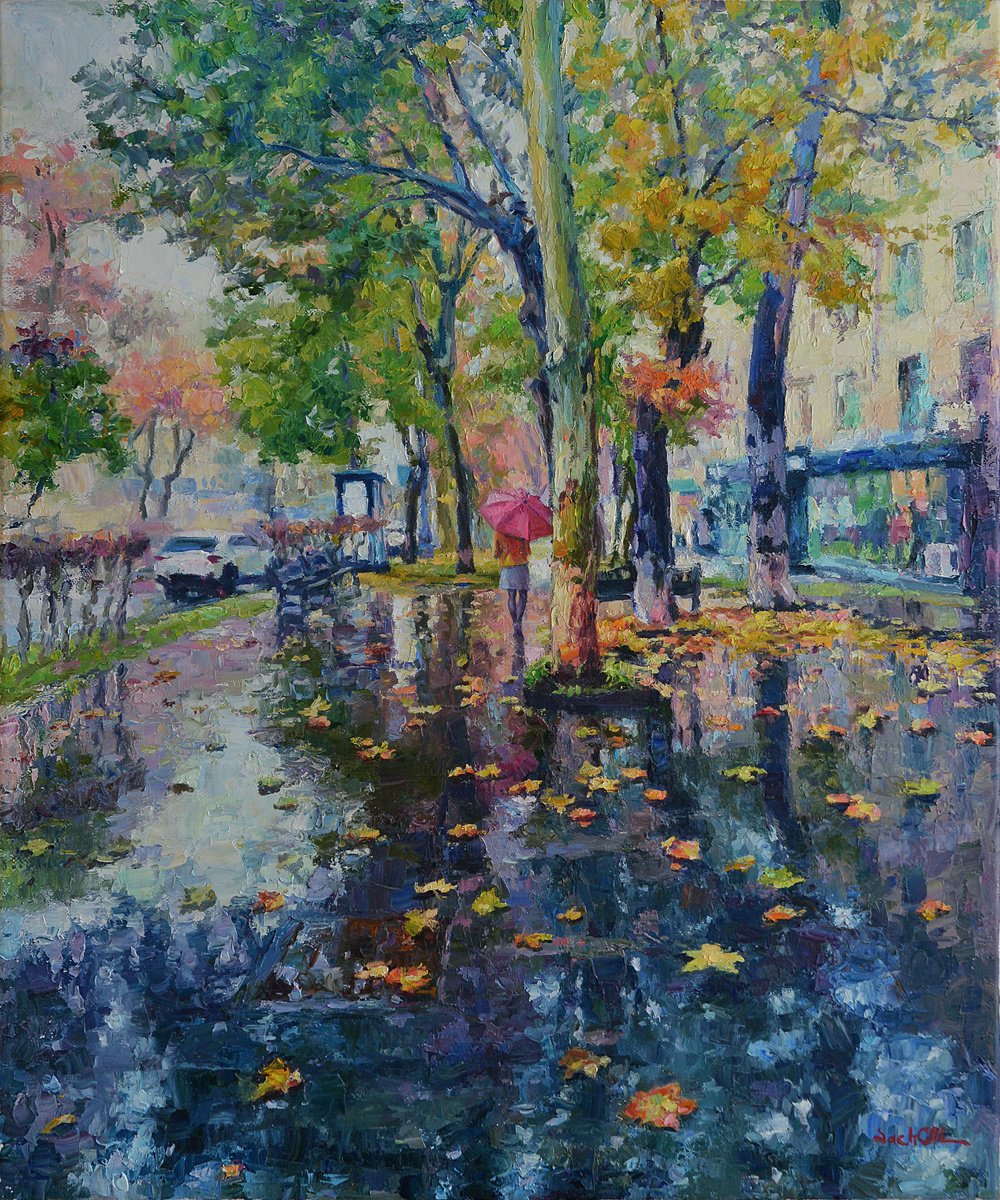 Impressionistic Cityscapes Oil Painting By Vachagan Manukyan, 20 X 24", Rainy Day In The City, Original Artwork