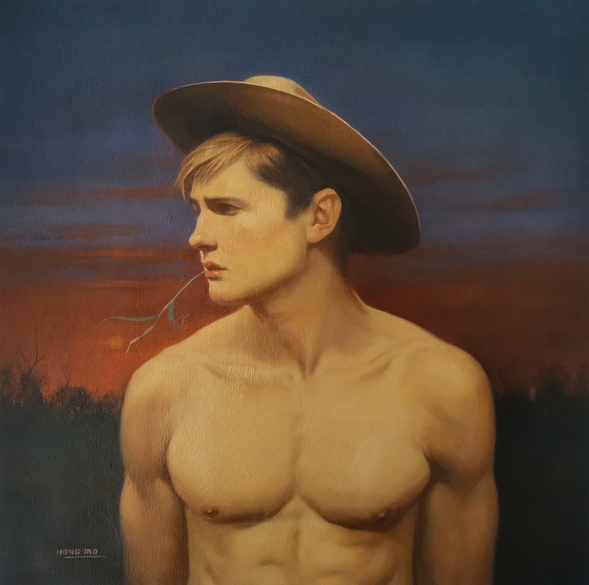 Photorealistic Portrait Oil Painting By Hongtao Huang, 20 X 20, Cowboy, Original Artwork