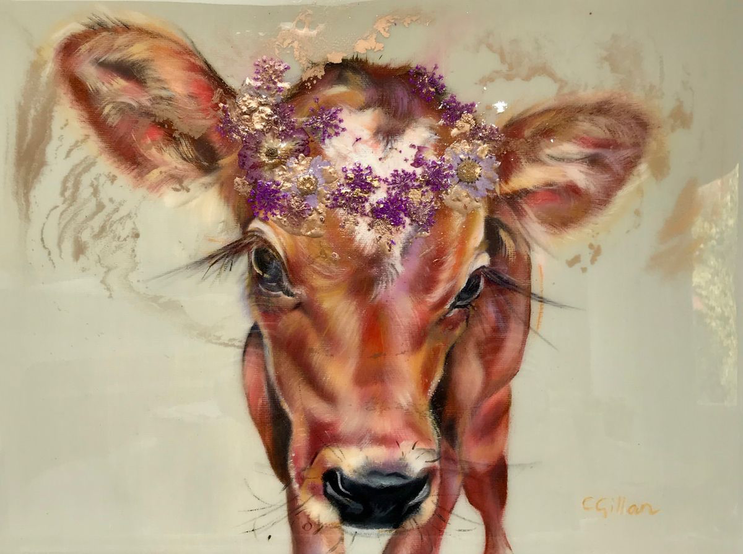 Faerie Moo Red Brown Cow Calf Original Oil Pa Artfinder Beautiful snow and cow poster: faerie moo red brown cow calf original oil painting flowers resin 16x12