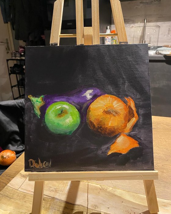 Still life with eggplant apple