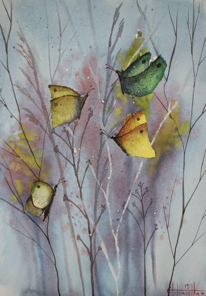 Impressionistic Botanical Watercolour By Eugene Gorbachenko, 12 X 17, Summer Butterflies, Original Artwork