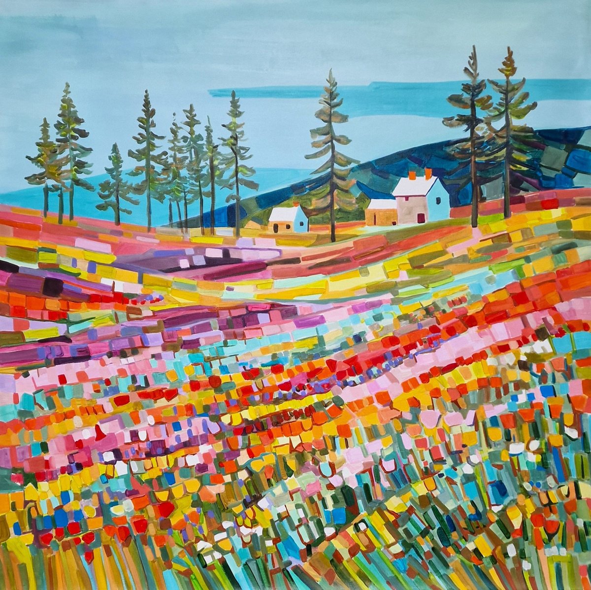 Impressionistic Landscape Acrylic Painting By Alexandra Djokic, 39 X 39, Spring Field, Original Artwork