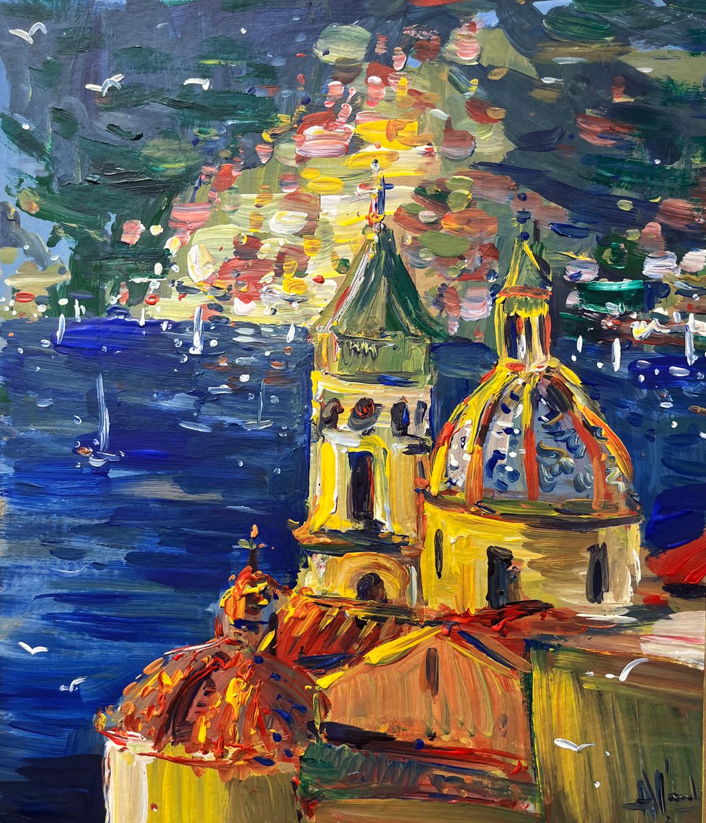 Impressionistic Landscape Acrylic Painting By Altin Furxhi, 17 X 21, Positano Colors., Original Artwork
