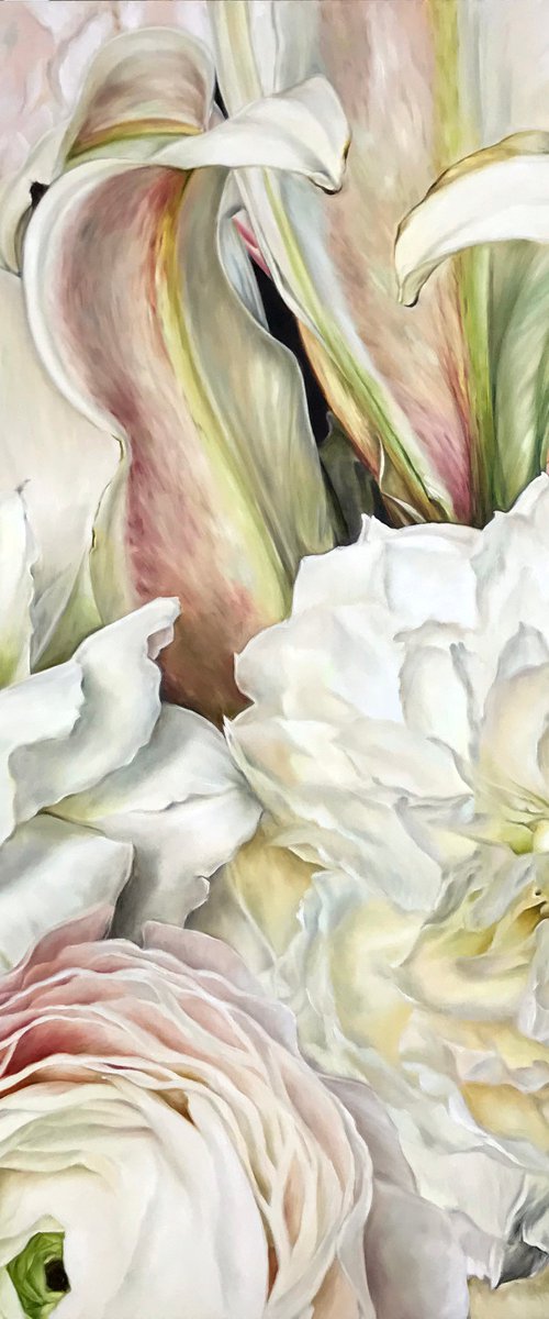 Large square oil painting with white flowers Dream 100x100 cm by Irina Ivlieva