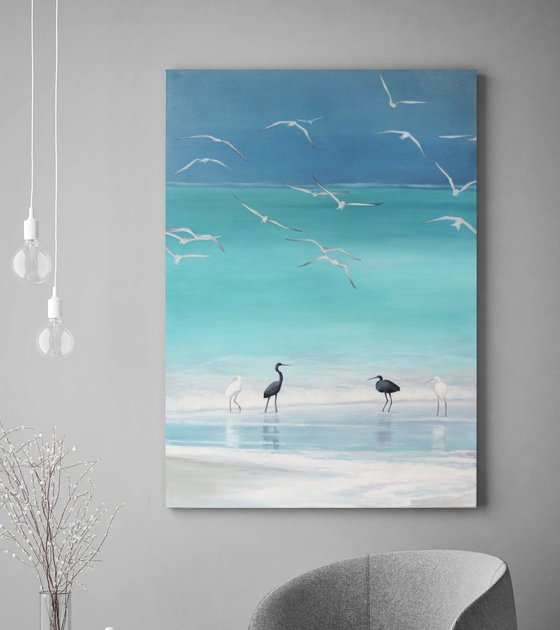 "Cattle Egret" Turquoise seascape oil art