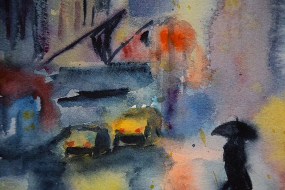 Rainy night New York original watercolor painting, abstract cityscape