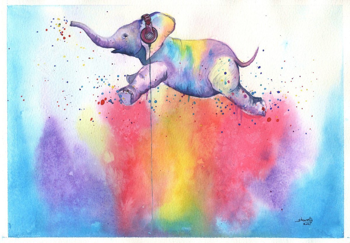 Surrealistic Animal Watercolour By Shweta Mahajan, 12 X 9", Elephant Can Jump, Original Artwork
