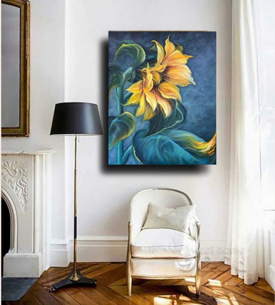 Solar flower, oil painting, original gift, home decor, Flowering, Spring, Leaves, Living Room, leaves, many flowers, flower picture, petals,  delicate flowers, sunflower painting, yellow flower painting