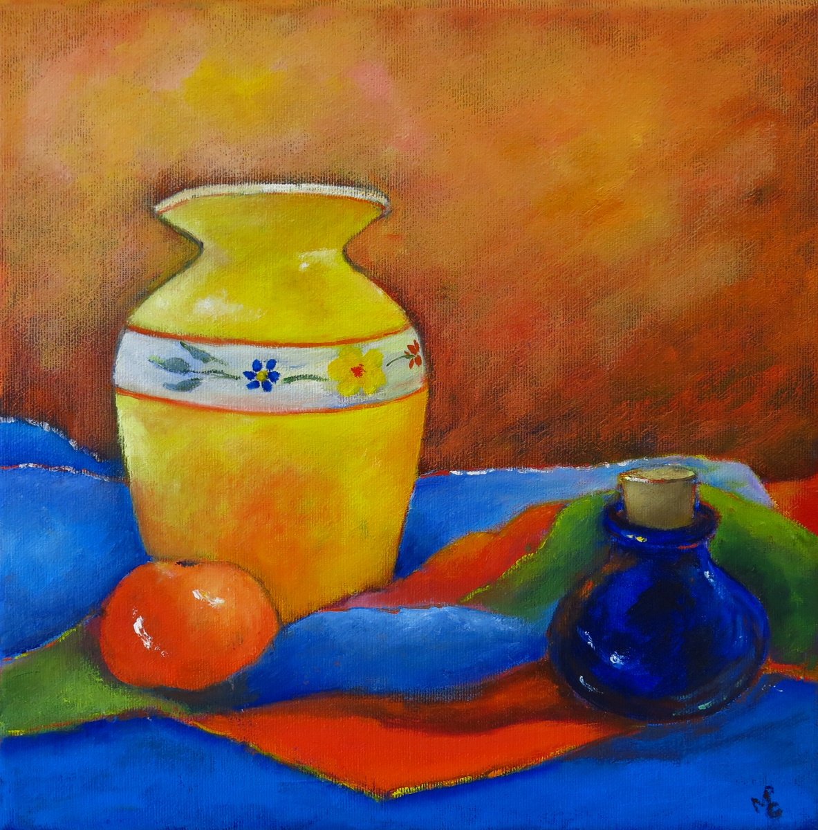 Impressionistic Still Life Oil Painting By Maureen Greenwood, 12 X 12", Little Blue Bottle, Original Artwork