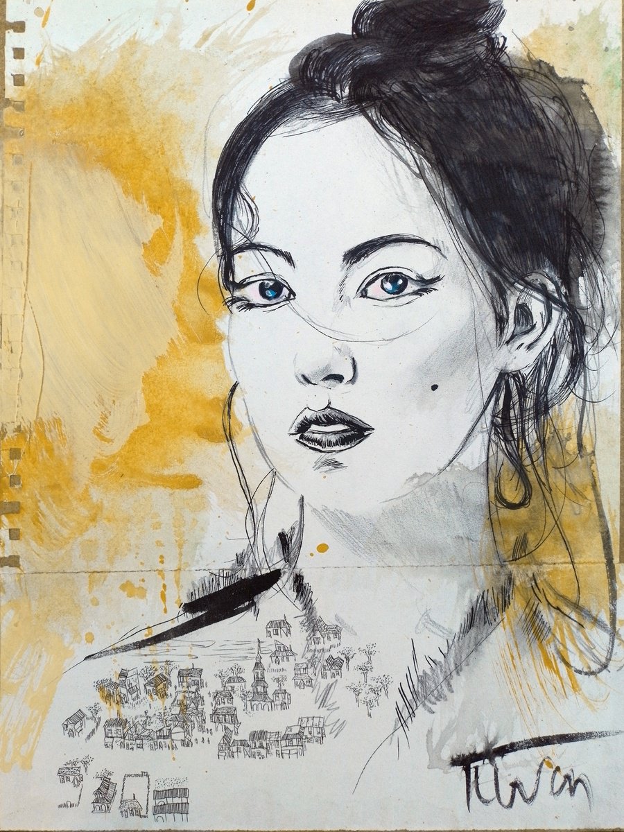 Portrait Ink Drawing By Catalin Ilinca, 13 X 17, L