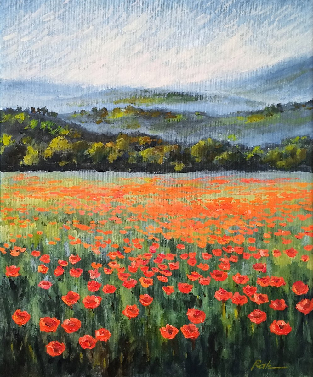 Impressionistic Landscape Oil Painting By Oleh Rak, 20 X 24", Poppy Field In The Mountains, Original Artwork