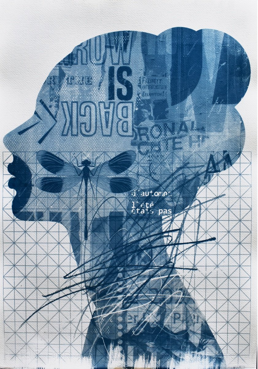 Graphic Portrait Print By Manel Villalonga, 17 X 24", Cyanotype 33 Dragonfly, Original Artwork