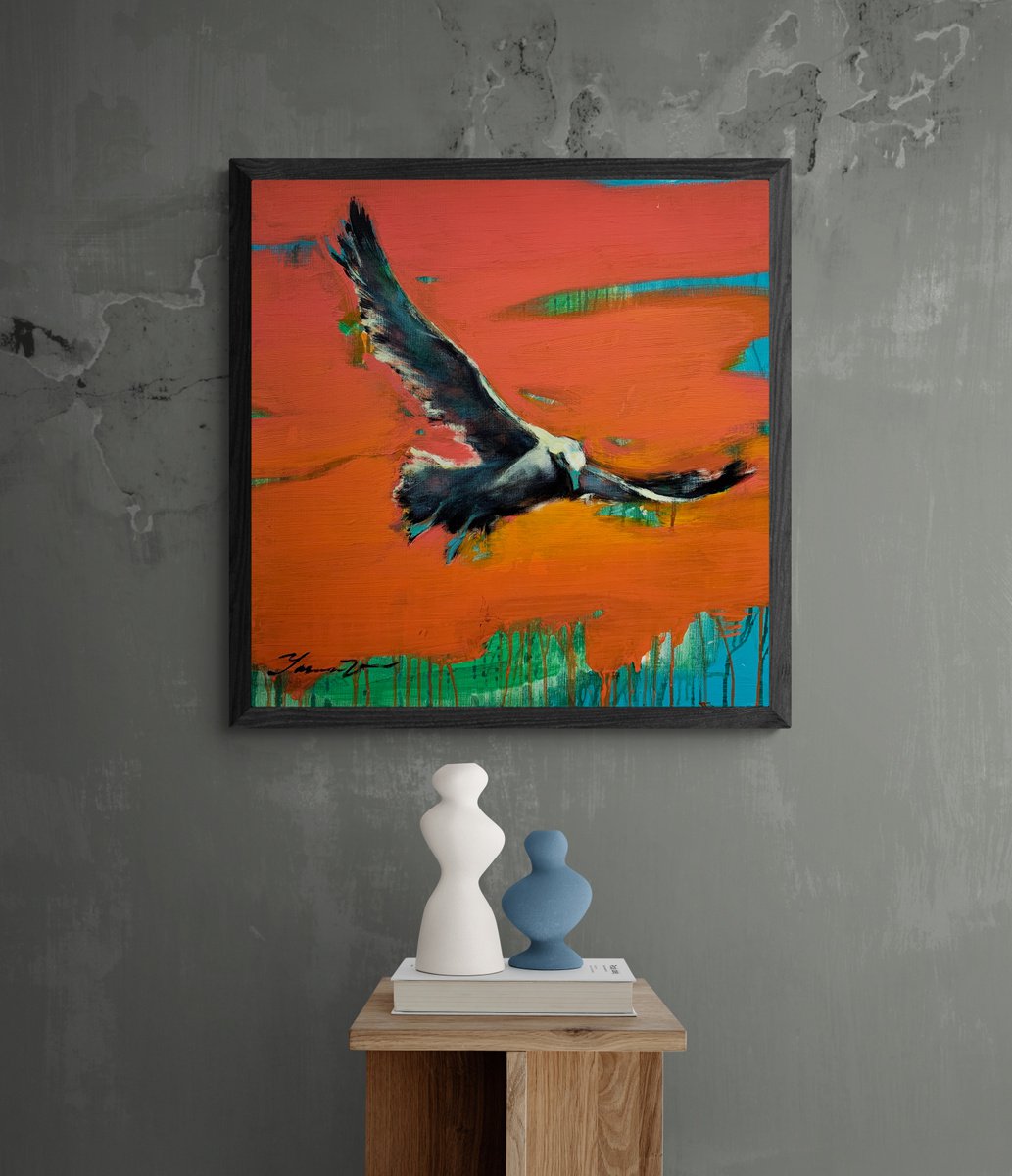 Expressive Animal Acrylic Painting By Yaroslav Yasenev, 24 X 24", Seagull On Sunset, Original Artwork