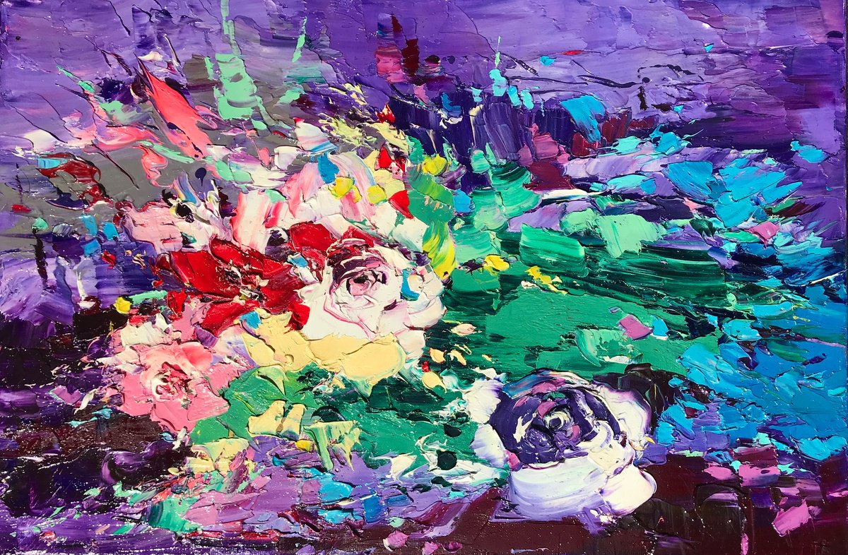 Abstract Botanical Oil Painting By Svitlana Andriichenko, 18 X 12", Abundance Of Flowers, Original Artwork