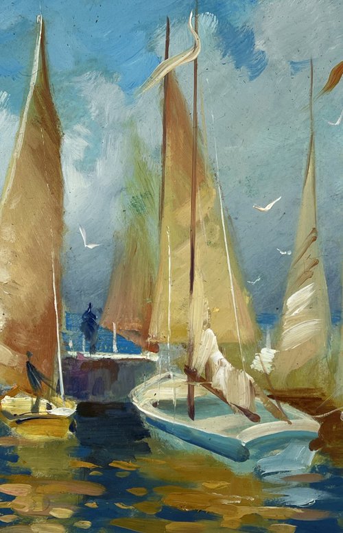 Sailing Boats Moored in Front of the Sea by Yuriy Suprunchuk