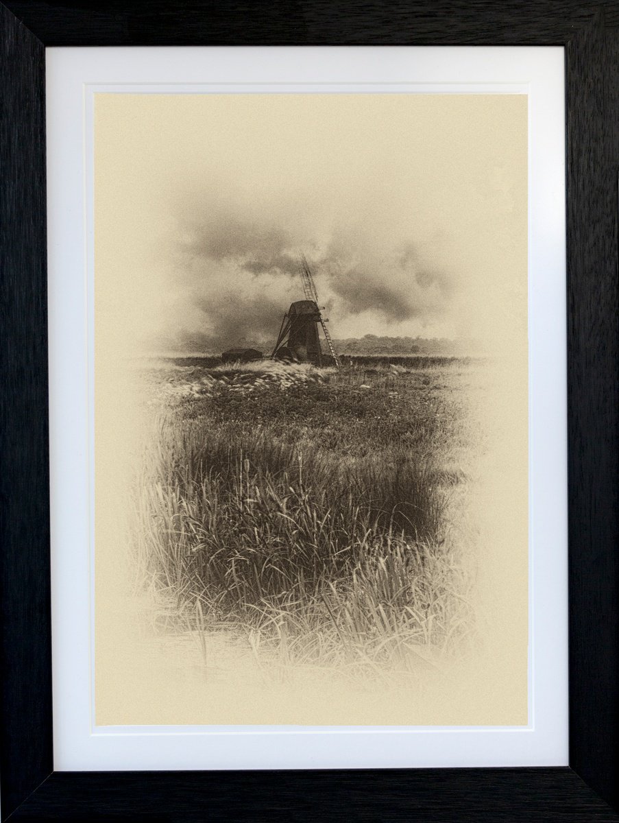 Photorealistic Landscape Photograph By Michael Mchugh, 19 X 25", Herringfleet Windmill - Sepia, Original Artwork