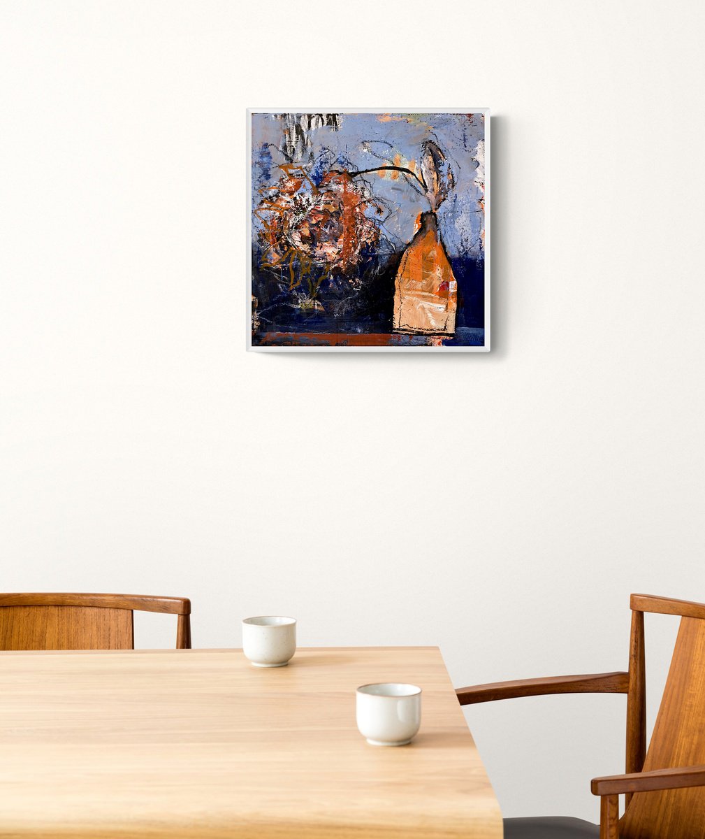 Abstract Still Life Acrylic Painting By Jutta Rika Bressem, 16 X 16", Still Life With Vase + Flower, Original Artwork