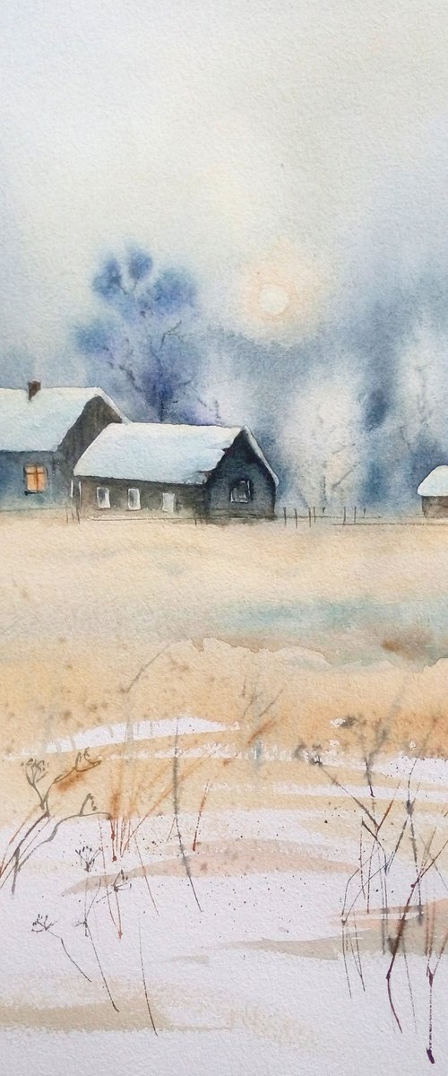 Village in Winter - Winter Lan by Olga Beliaeva Watercolour