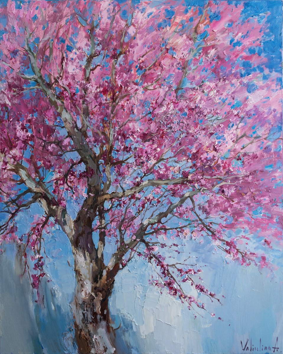 Impressionistic Botanical Oil Painting By Anastasiia Valiulina, 31 X 39, Flowering Tree, Original Artwork