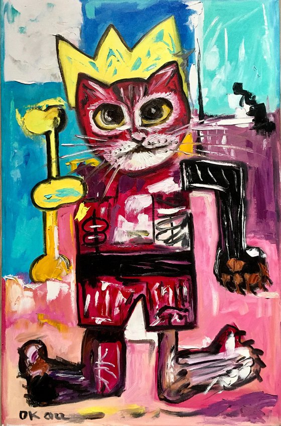 King Cat Troy  in a CROWN ( 71x 45cm, , 28x18inches,) version of famous painting by Jean-Michel Basquiat