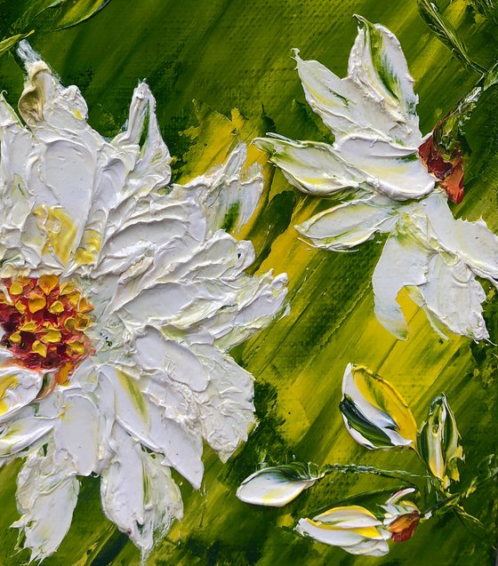 MACRO CHAMOMILE - White chamomile. 3d flowers. Three-dimensional painting.  A big flower. White color. Petals. Greens. Flowers. Grass. Field.